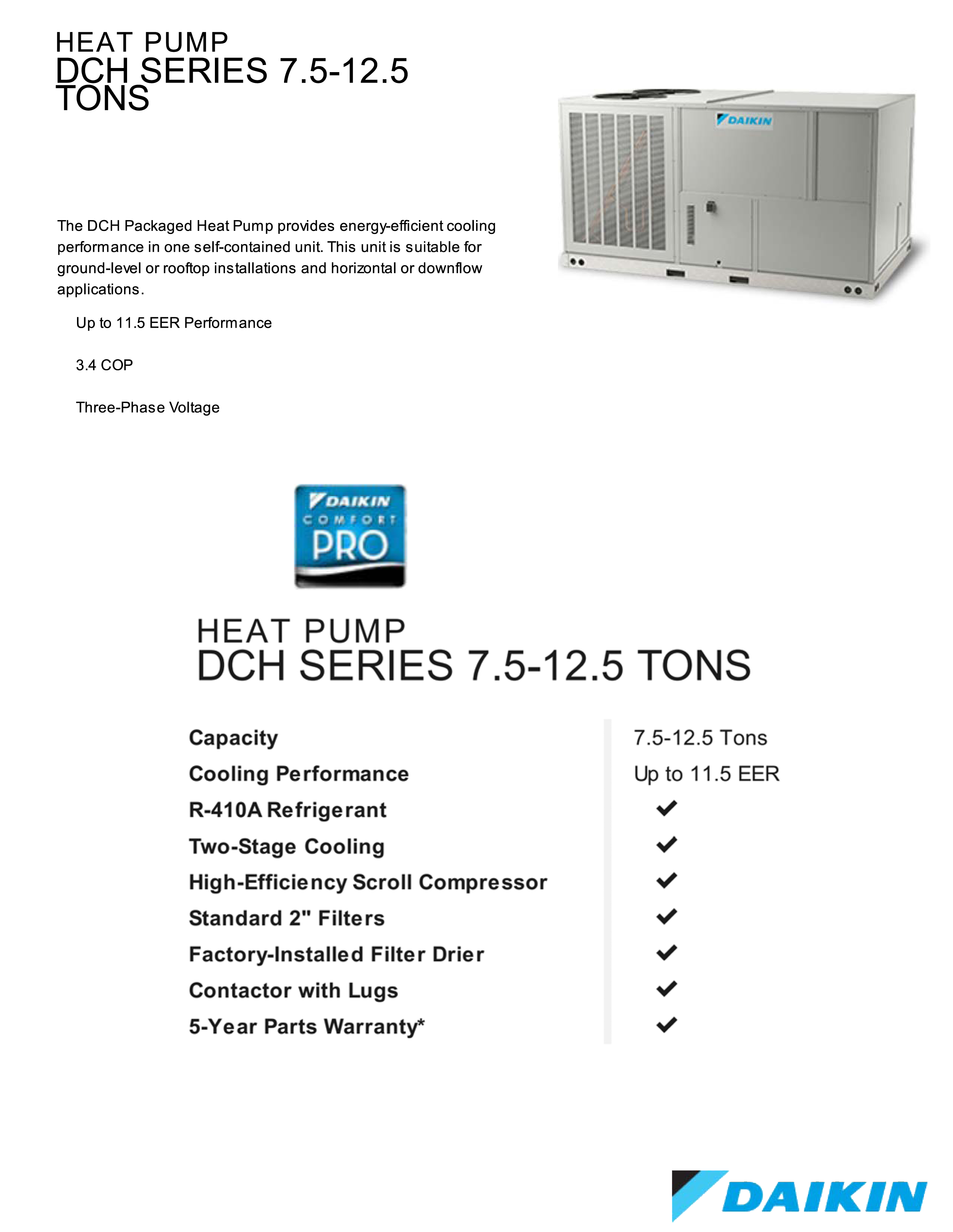 7.5 Ton Daikin Heat Pump Package Unit 3 Phase 208/230V, DCH090XXX3BXXX REPAIRED (2766)